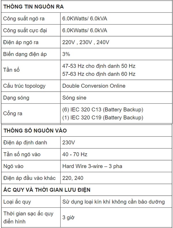 Thông số kỹ thuật của bộ lưu điện SRV6KI